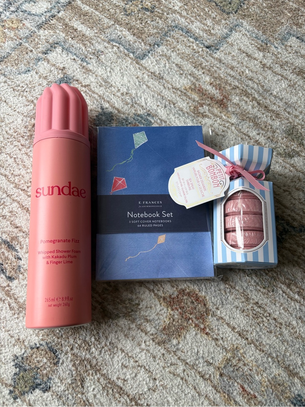 Anthro Bundle - Sunday Shower Foam, shower steamers,notebook set